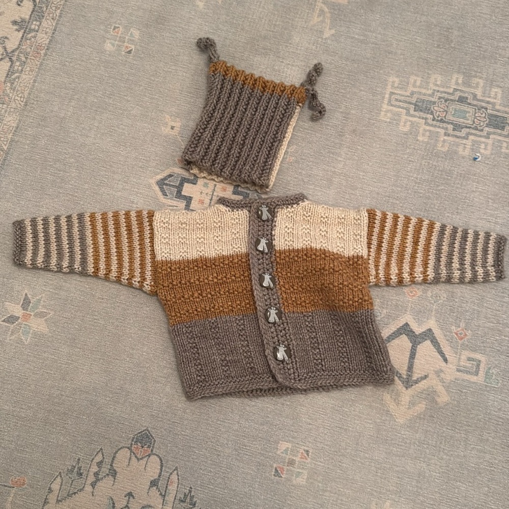 Striped Knit Cardigan Sweater  and  hat